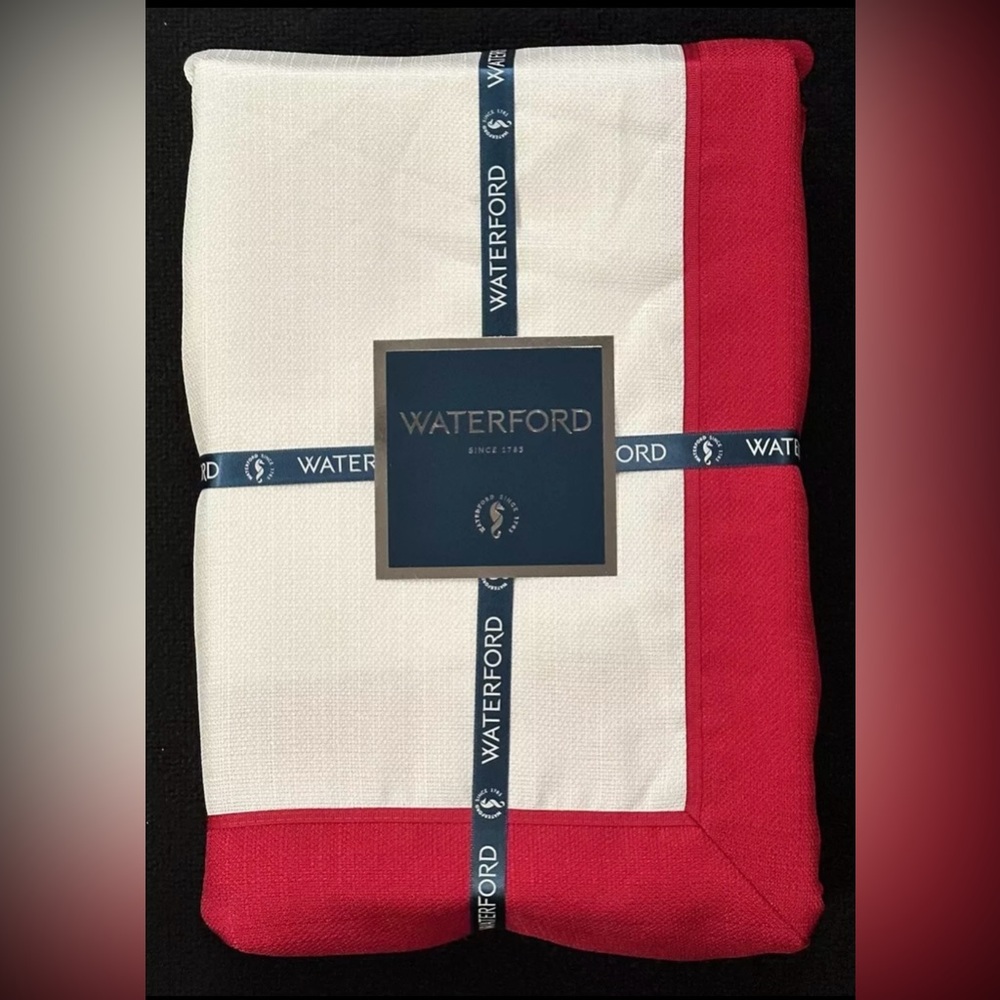 70 X 84 TABLECLOTH WATERFORD CRYSTAL CO. LUXURY WHITE W RED BORDER TRIM …